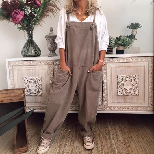 Women Casual Solid Color Cotton Linen Sleeveless Jumpsuit