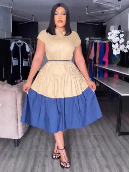 Women Fashion Casual Color Block Pleated Dress