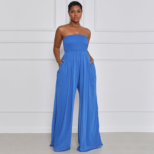 Women Fashion Casual Solid Color Chiffon Sleeveless Wide Leg Jumpsuit