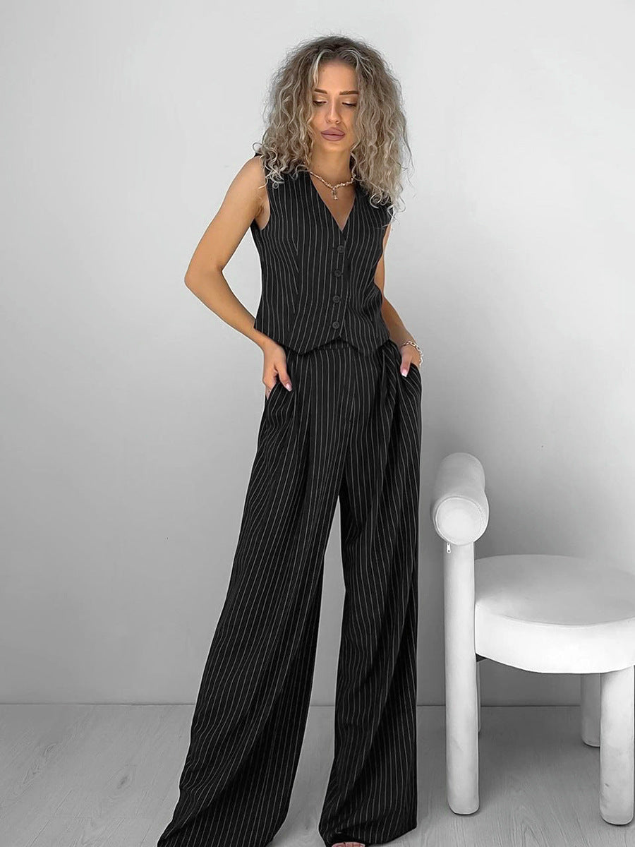 Women Fashion Casual Solid Color Stripe V-Neck Tank Set