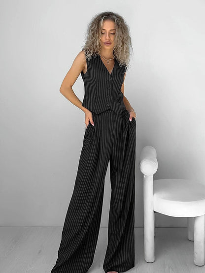 Women Fashion Casual Solid Color Stripe V-Neck Tank Set