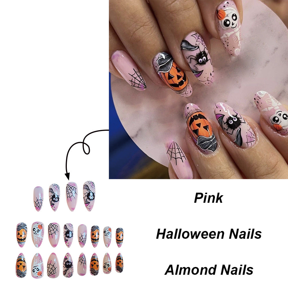 Ongles en toile d'araignée avec squelette de citrouille de dessin animé d'Halloween