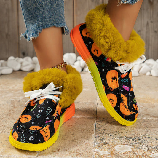 Women Halloween Ghost Pumpkin Print Short Plush Snow Boots