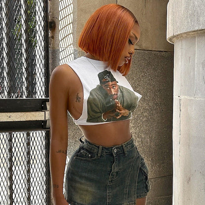 Top corto sin mangas con cuello redondo y estampado 3D sexy para mujer