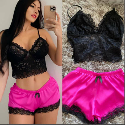 Women's Fashion Comfortable Casual Lace Satin Pajama Suit