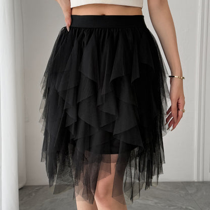 Women Fashion Solid Color Mesh Irregular Hem Skirt