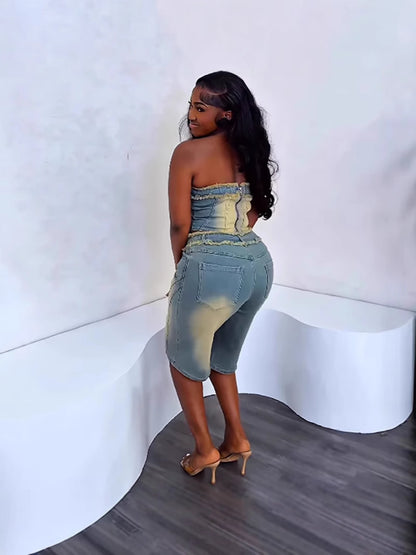 Ensemble deux pièces en jean pour femme avec short taille haute et haut