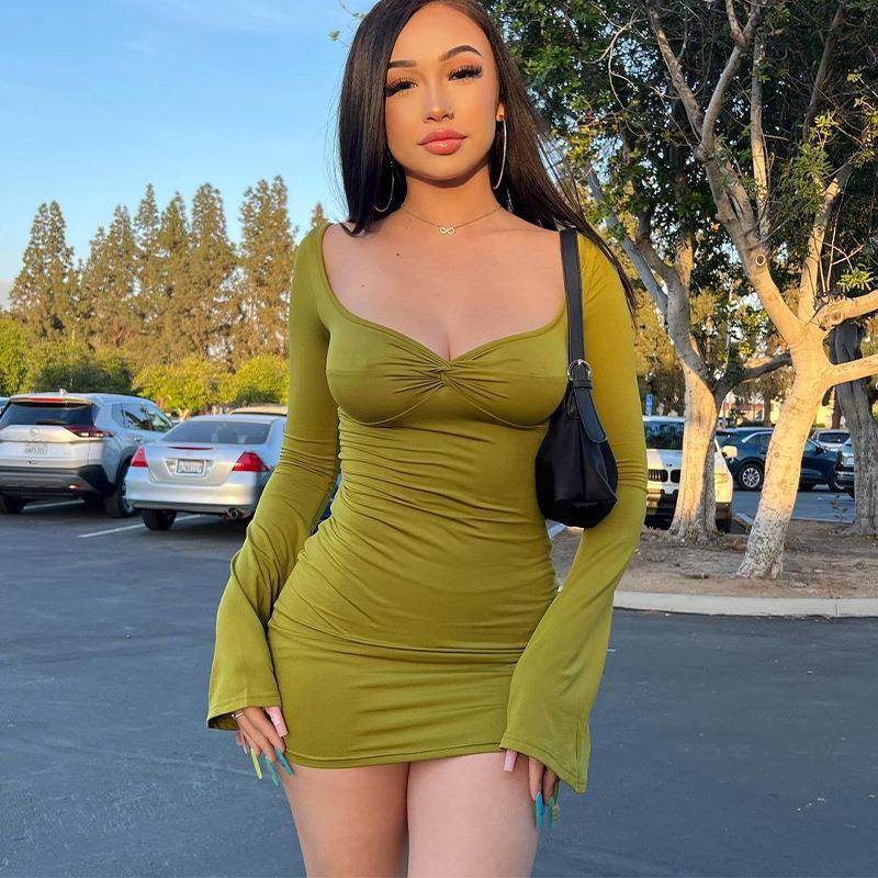 Women Fashion Sexy Solid Color Long Sleeve Dress