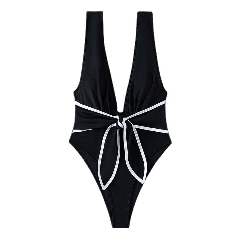 Women Fashion Sexy Contrast Color Deep V-Neck Backless One-Piece Swimsuit