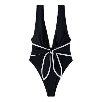 Women Fashion Sexy Contrast Color Deep V-Neck Backless One-Piece Swimsuit