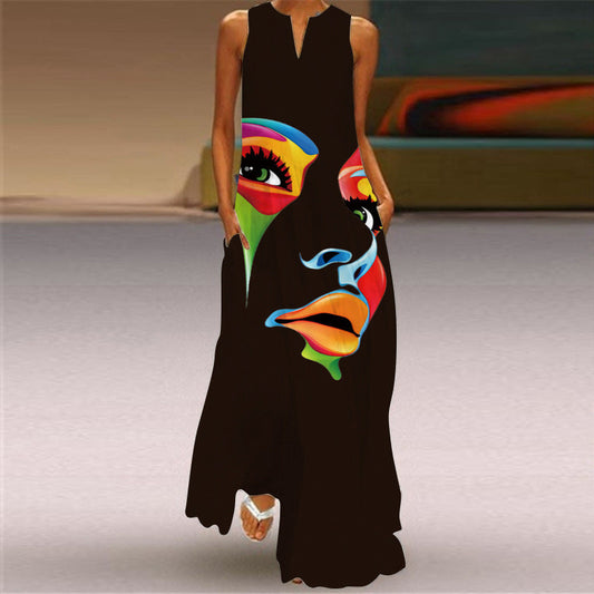 Summer Women Casual Bohemian Sleeveless Maxi V-Neck Dress