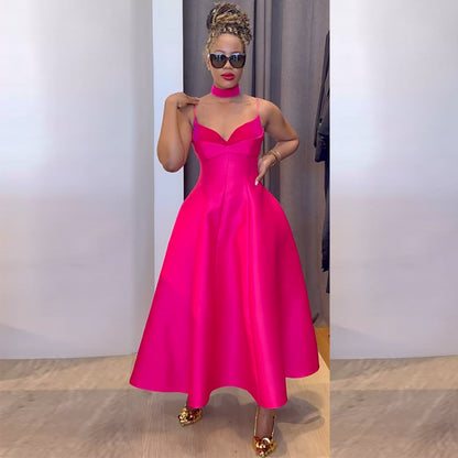 Women Fashion Elegant Solid Color V-Neck Dress