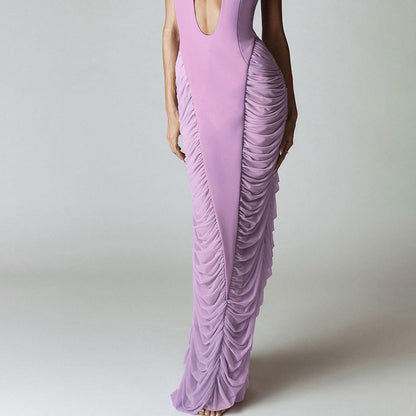 Vestido maxi ajustado de malla con escote en V profundo y color sólido sexy para mujer