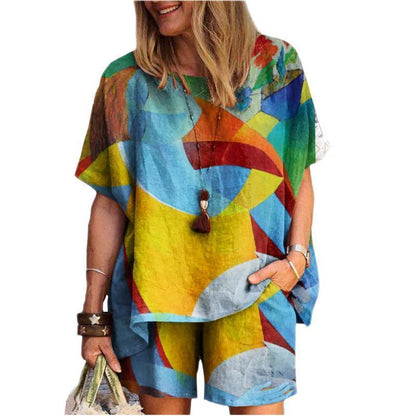 Women's Fashion Geometric Fawn Cotton and Linen Two-Piece Set