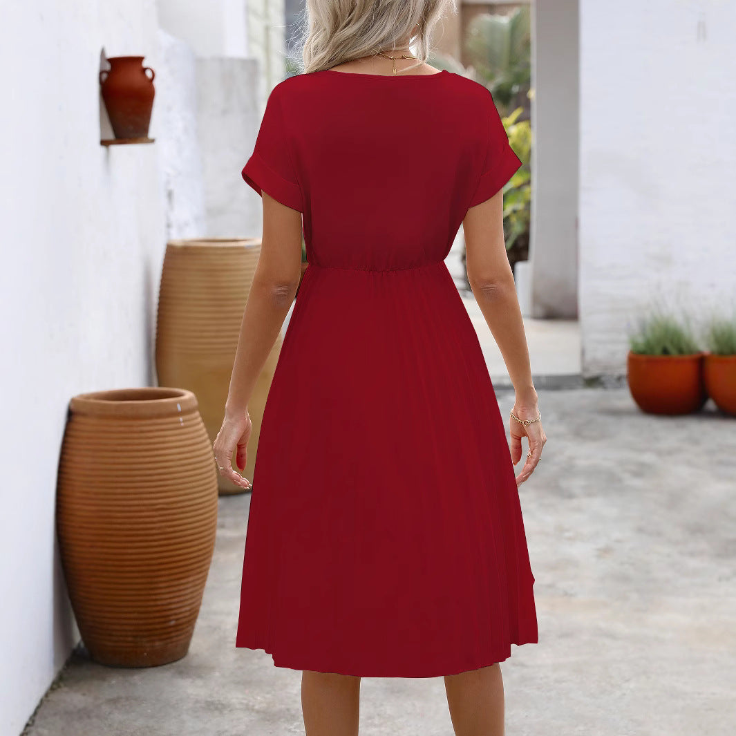 Women Fashion Casual Solid Color Round-Neck Dress