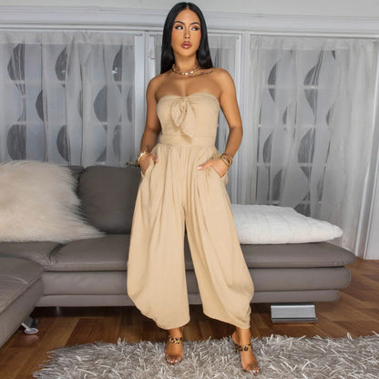 Women Summer Fashion Solid Color Strapless Jumpsuit