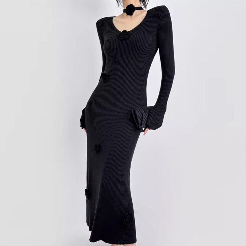 Vestido midi de punto con mangas largas y cuello en V para mujer