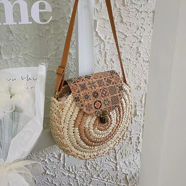 Bolso de paja redondo tejido informal bohemio