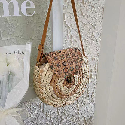 Bolso de paja redondo tejido informal bohemio