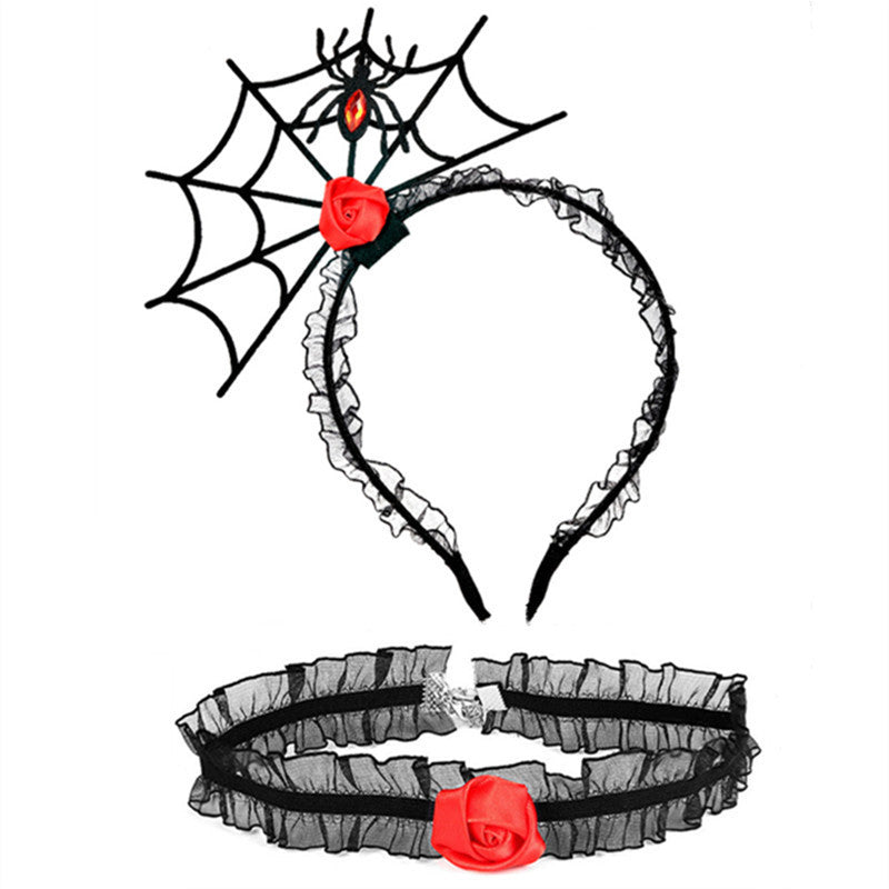 Ensemble de bijoux ras du cou en dentelle avec bandeau en toile d'araignée noire pour femme, idéal pour Halloween