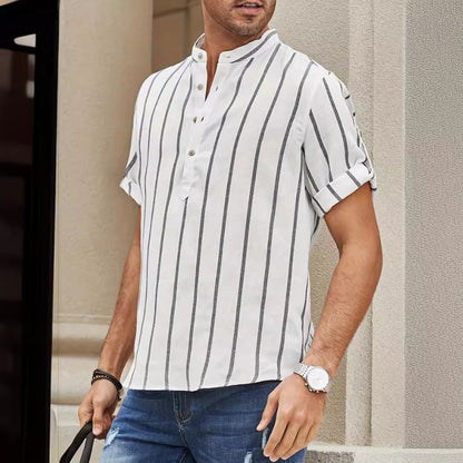 Men's Casual Linen Stripe Lapel Short Sleeve Shirt