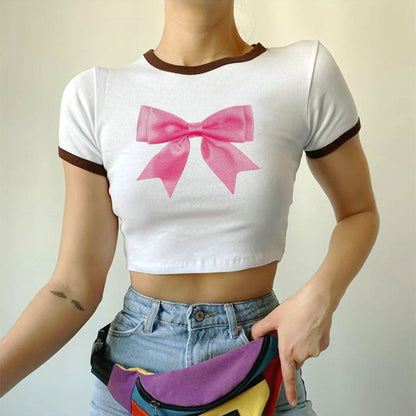 Camiseta corta con lazo de moda urbana para mujer, jersey de manga corta