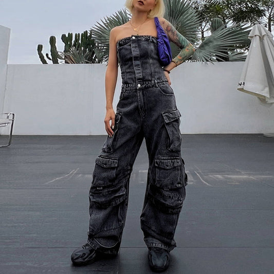 Fashion Street Women Strapless Multi-Pocket Denim Jumpsuit