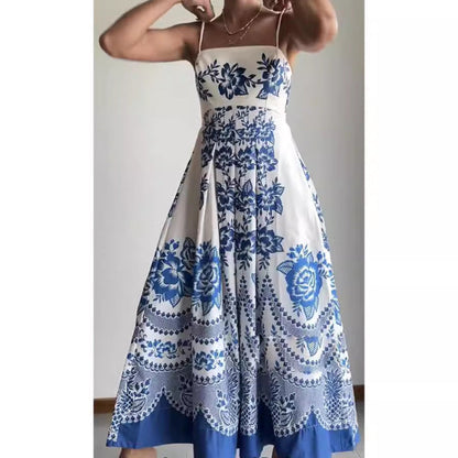 Vestido largo bohemio con tirantes y estampado informal para mujer en azul