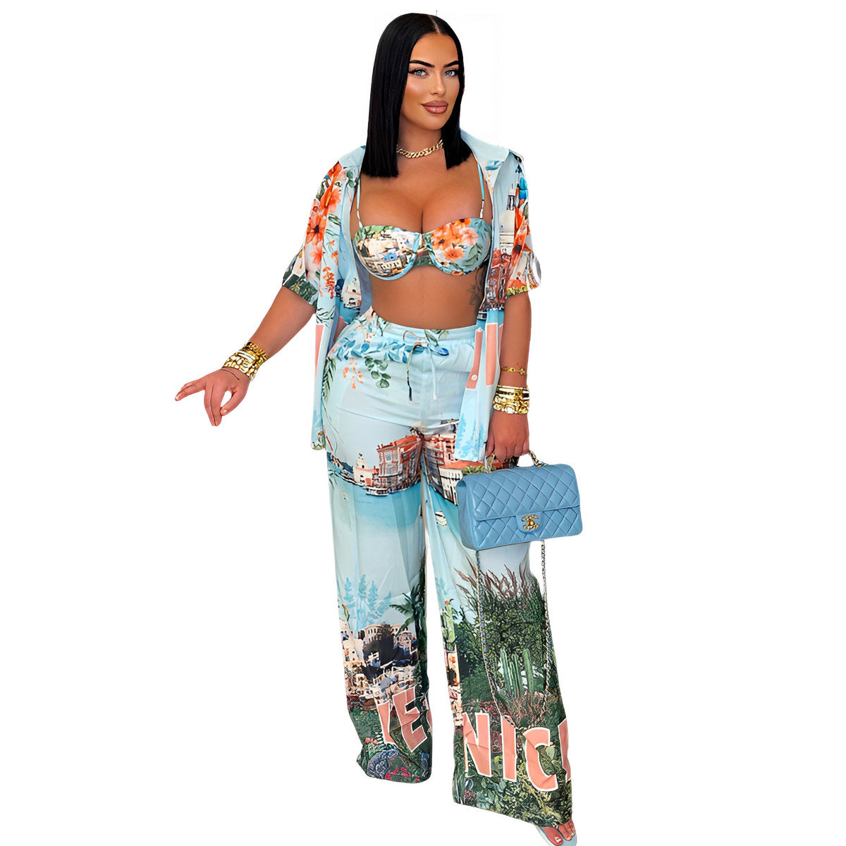 Conjunto de camiseta y pantalones cortos holgados de manga corta con solapa y estampado de vacaciones sexy para mujer