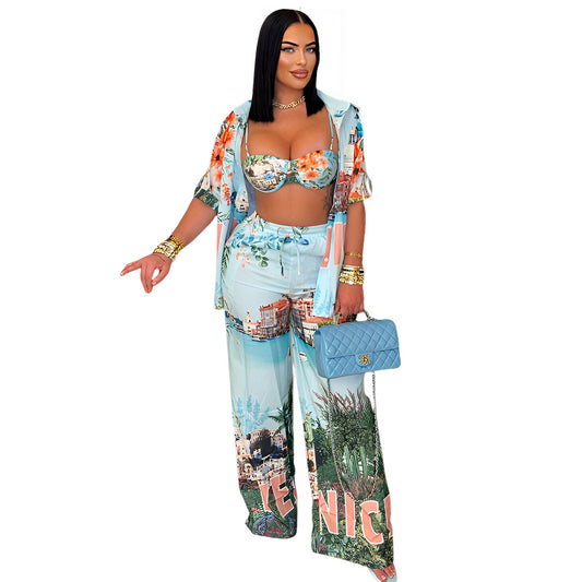 Women Fashion Sexy Vacation Printed Camisole Shorts Lapel Short Sleeve T-Shirt Loose Pants Set