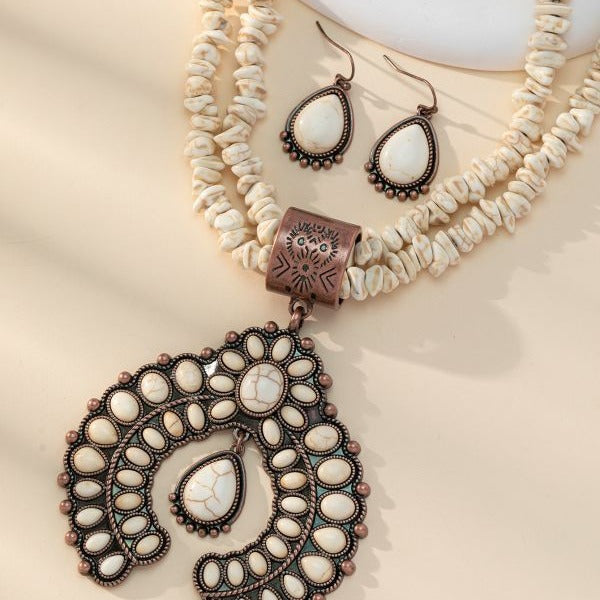 Conjunto de pendientes y collar con colgante geométrico para mujer - Joyería retro floral turquesa
