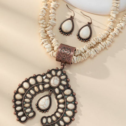Conjunto de pendientes y collar con colgante geométrico para mujer - Joyería retro floral turquesa