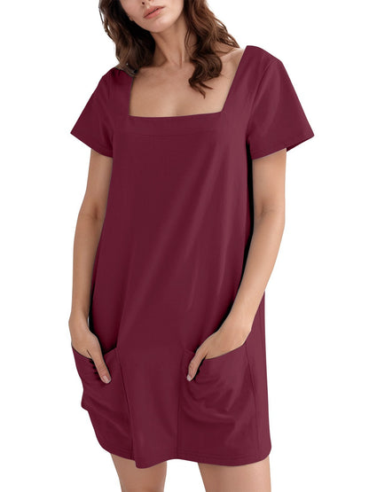Women Fashion Casual Solid Color Square Neck Dress