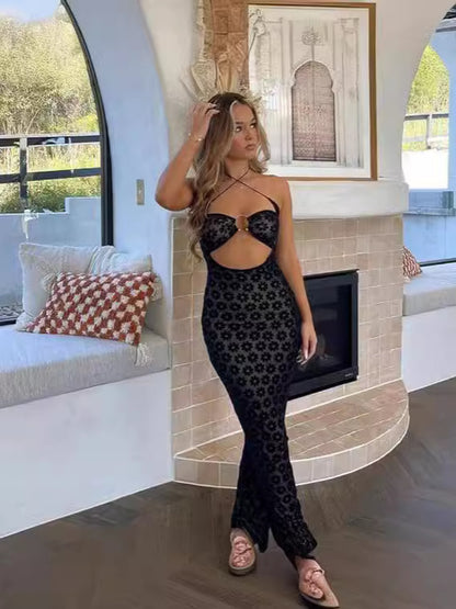 Robe sexy à imprimé ajouré et décolleté plongeant pour femme
