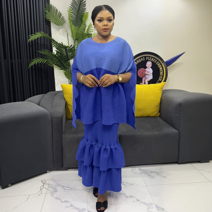 African Women Fashion Pleated Cape Ruffled Dress Set