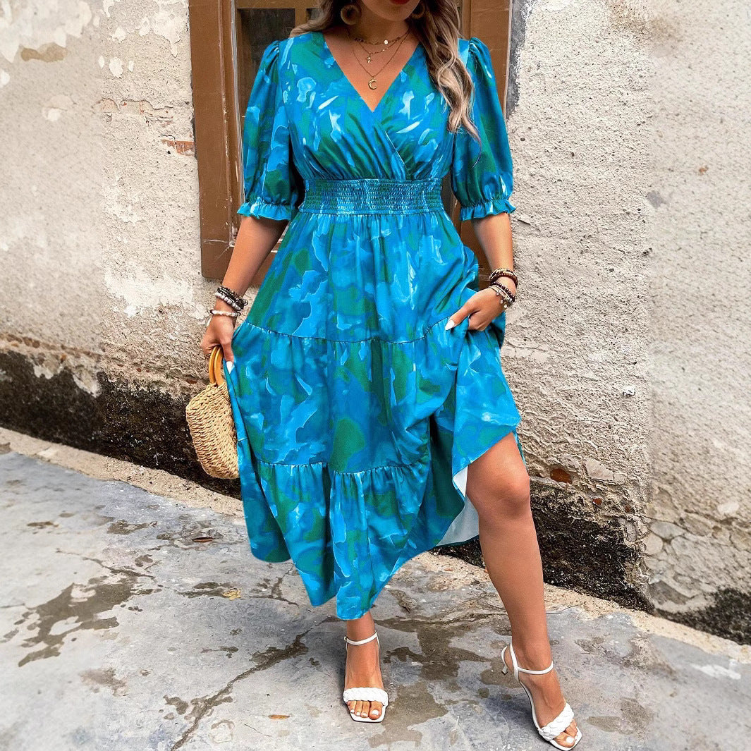 Elegant Plus Size Floral Print V-Neck Dress