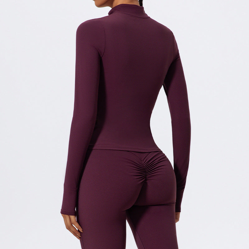 Haut de yoga à manches longues et demi-fermeture éclair pour femme, couleur unie, avec élasthanne