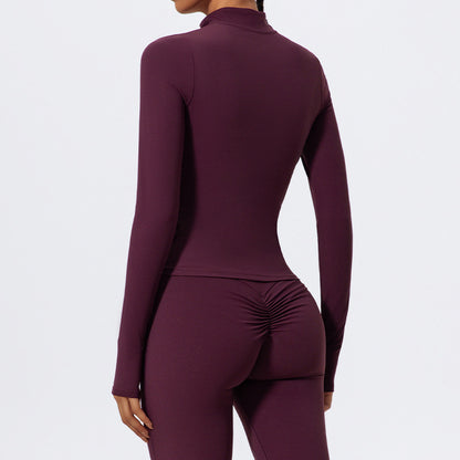 Haut de yoga à manches longues et demi-fermeture éclair pour femme, couleur unie, avec élasthanne