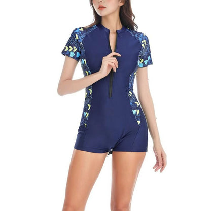 Women Fashion Sexy Printed Stitching Short Sleeve Zipper One Piece Swimsuit