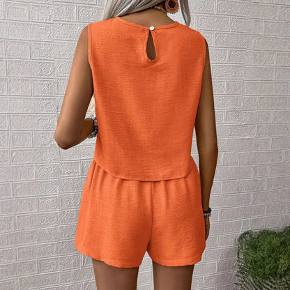 Women Casual Simple Solid Color Sleeveless Tank Top Shorts Set