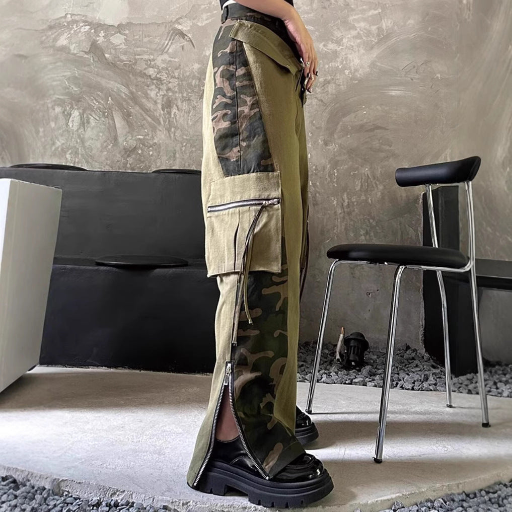Women Fashion Retro High Waist Camouflage Stitched Jeans