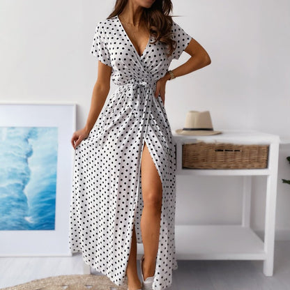 Women Fashion Casual Dot Printed V-Neck Dress