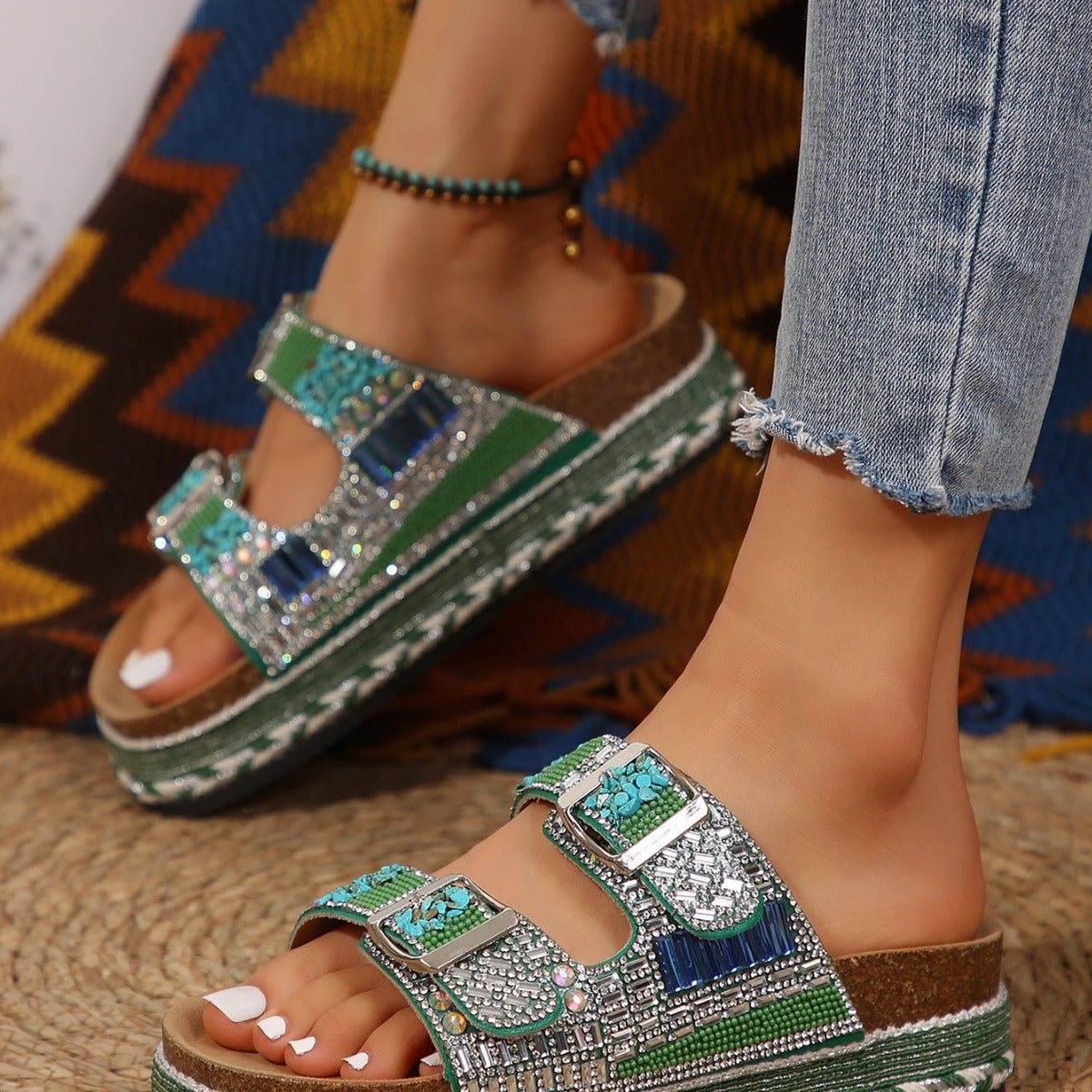 Pantuflas retro con doble hebilla y diamantes de imitación para mujer - Suela gruesa y cómoda