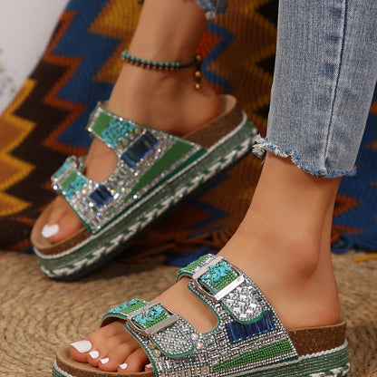 Pantuflas retro con doble hebilla y diamantes de imitación para mujer - Suela gruesa y cómoda