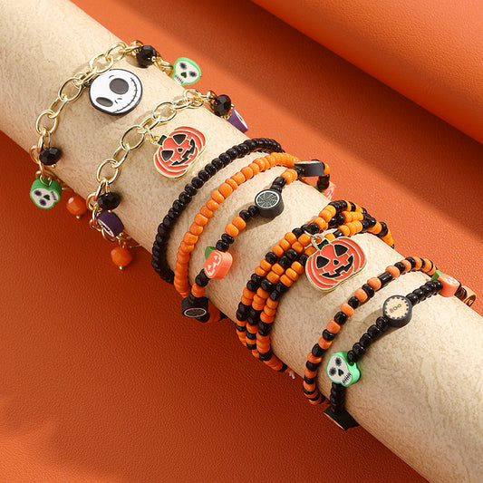 Halloween Soft Pottery Skeleton Pumpkin Beaded Bracelet