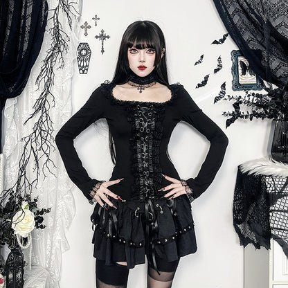 Women Fashion Gothic Lace Splicing Long-Sleeve T-Shirt
