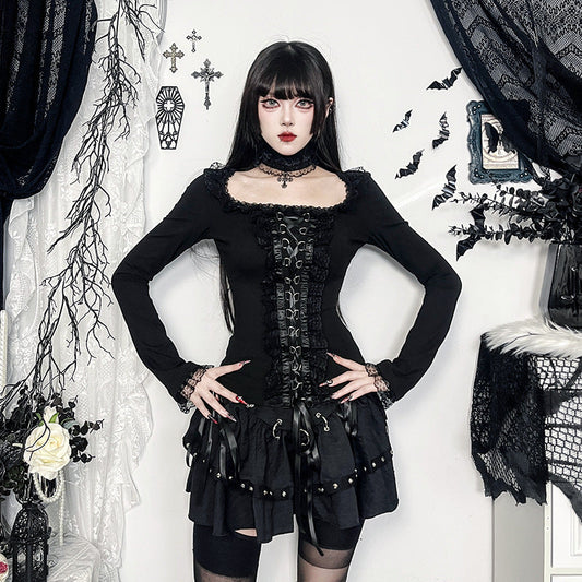 Women Fashion Gothic Lace Splicing Long-Sleeve T-Shirt