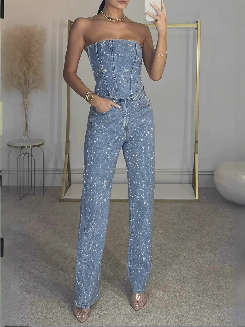 Women Fashion Sexy Solid Color Rhinestone Tube Top Set