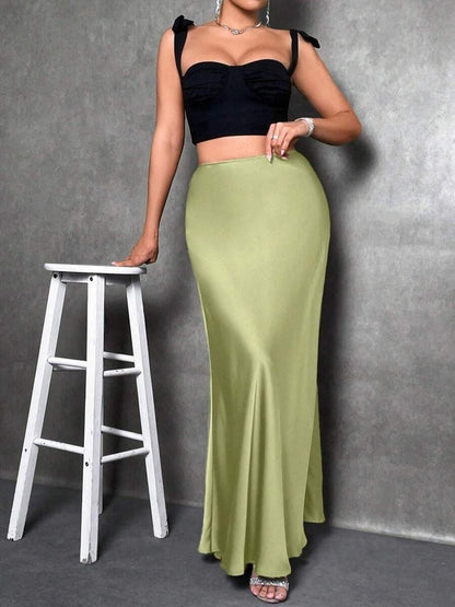Women Fashion Casual Solid Color Satin Skirt