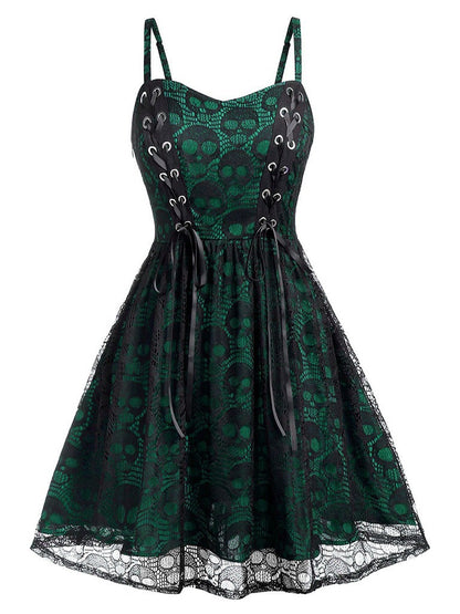 Women Fashion Retro Gothic Lace Splice Skull Dress